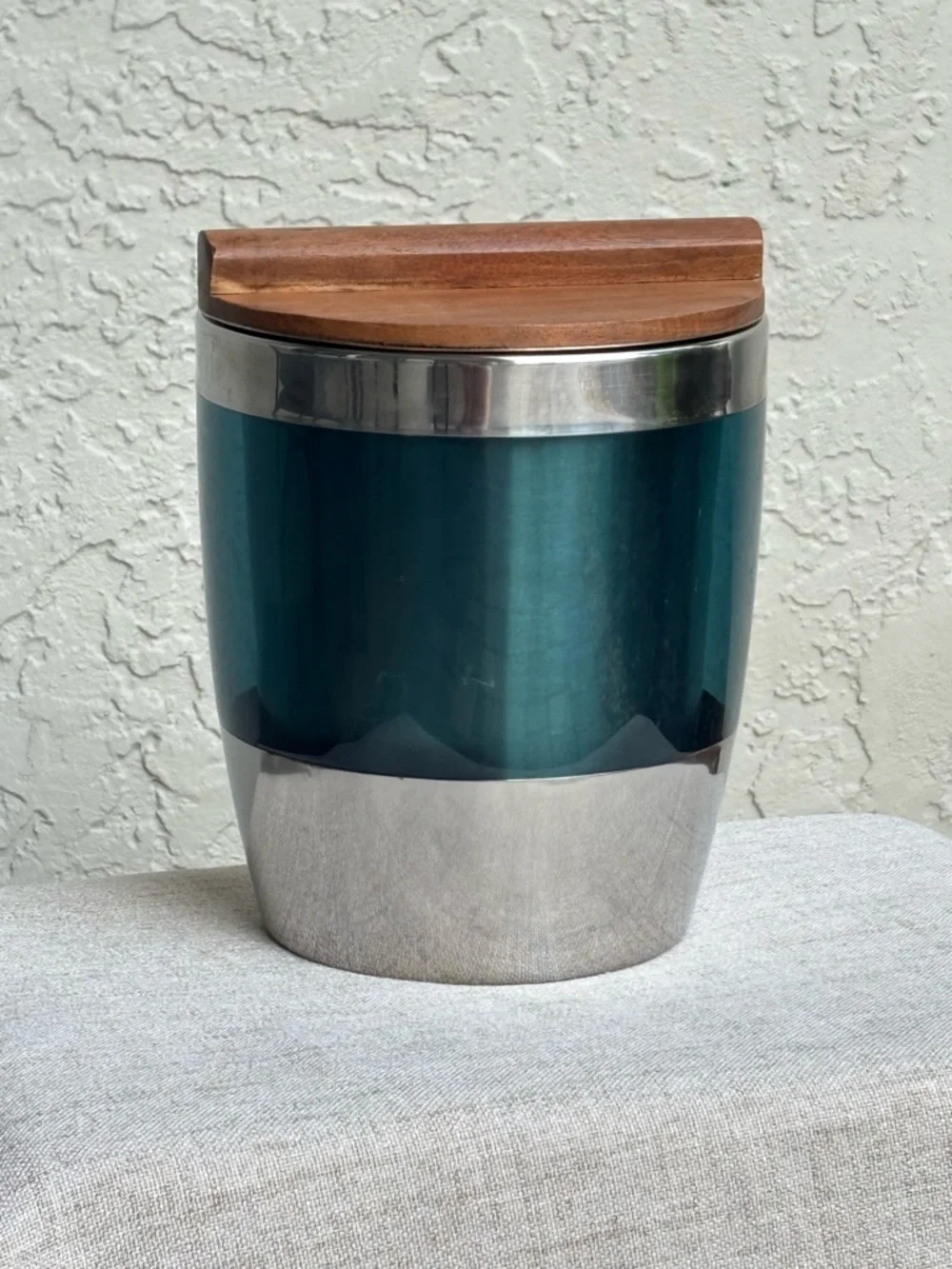 Mid Century Modern Ice Bucket Teal Stainless Steel Wood Lid Barware